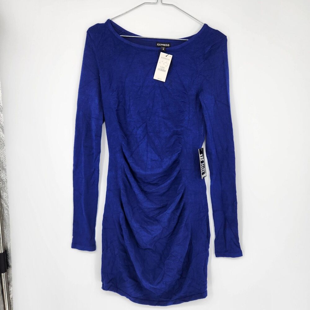 Express XS Blue Ruched Long Sleeve Sweater Dress NWT